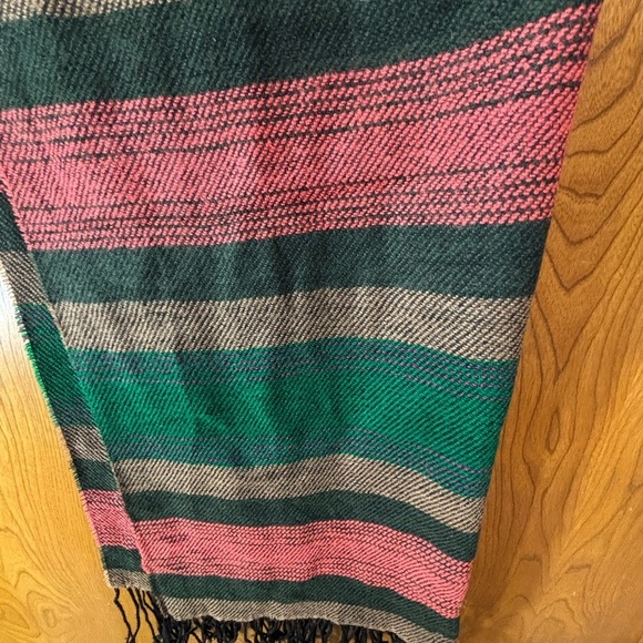 Striped Green, gray, pink and black Scarf with black Fringe - Picture 4 of 5